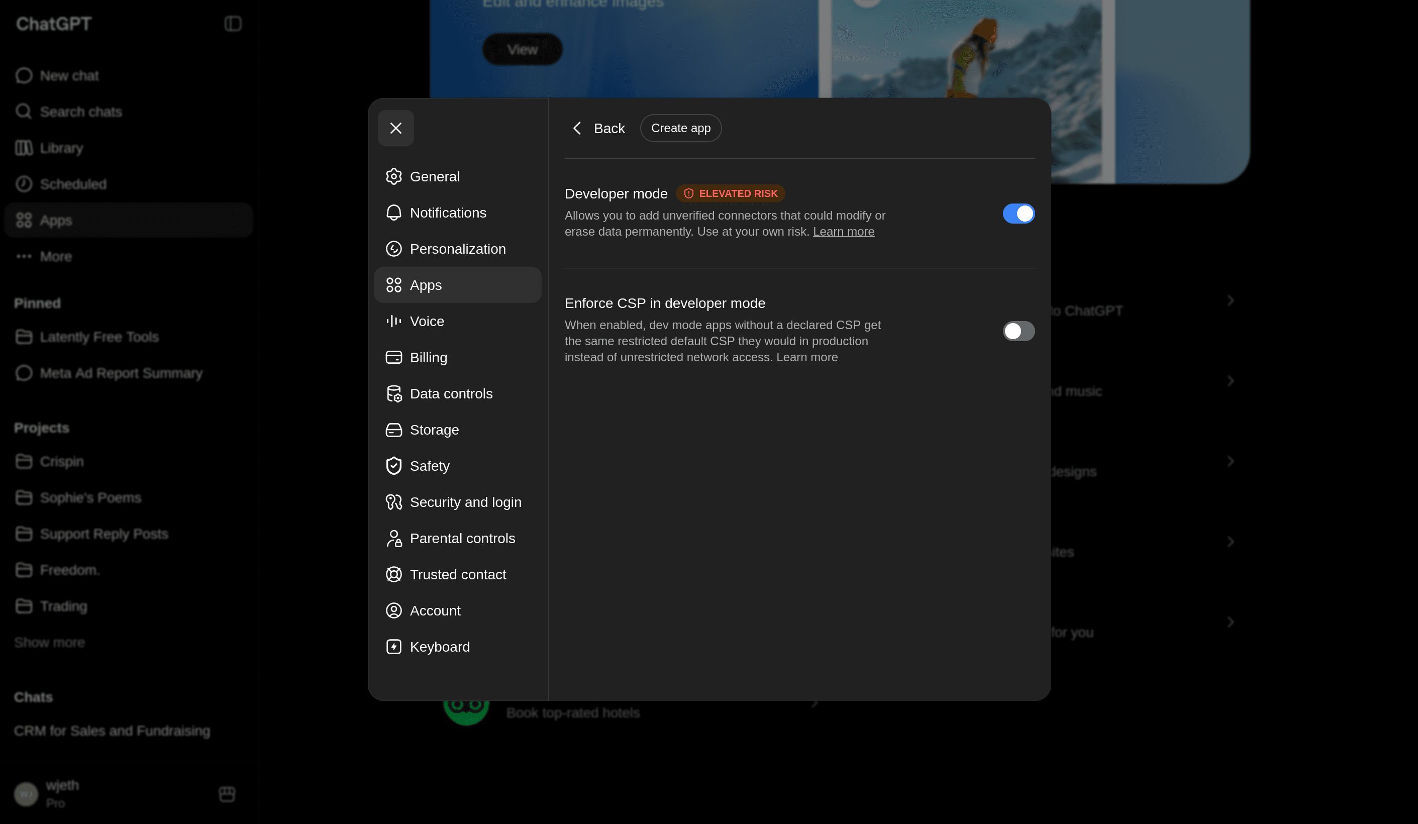 ChatGPT Apps settings with Advanced settings and Developer mode visible.