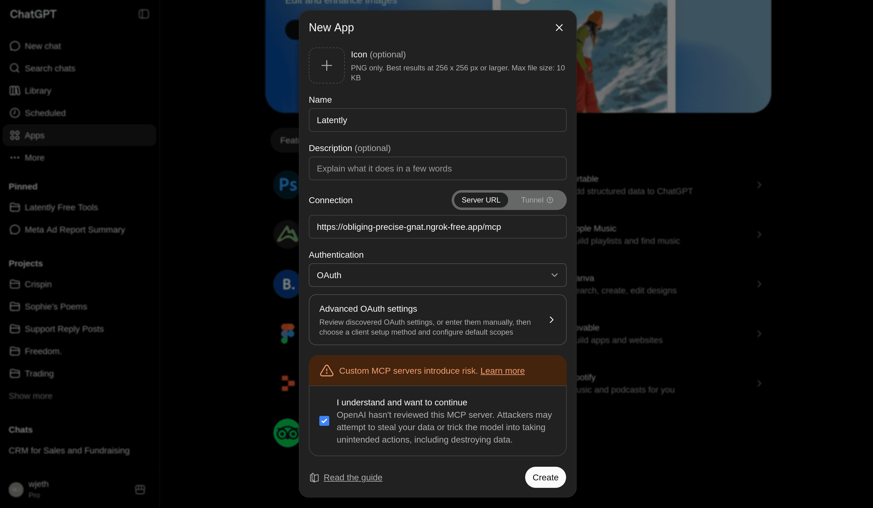 ChatGPT Apps settings page with the Create App option visible.