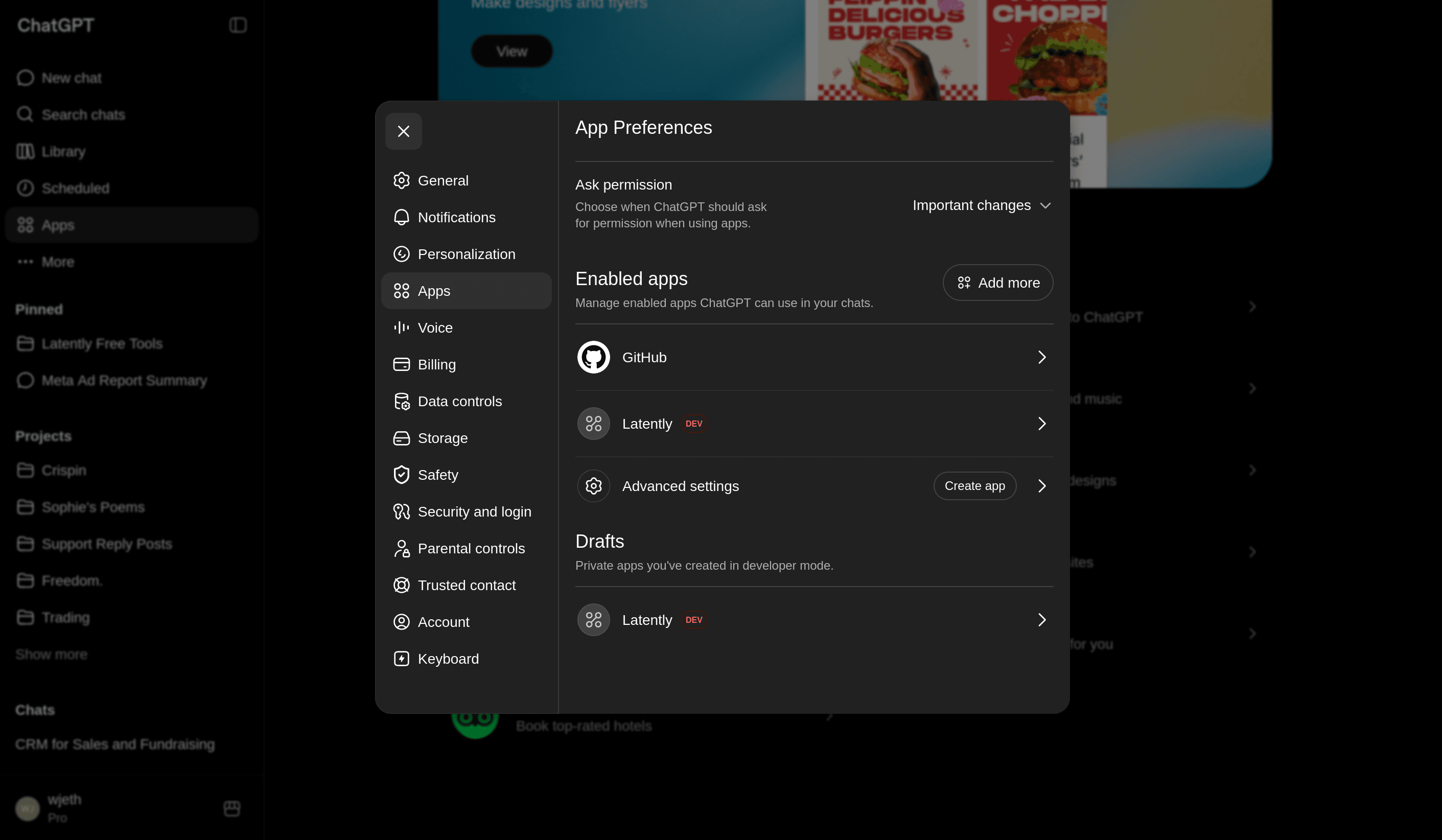 ChatGPT Create App form with app name and MCP connection fields.