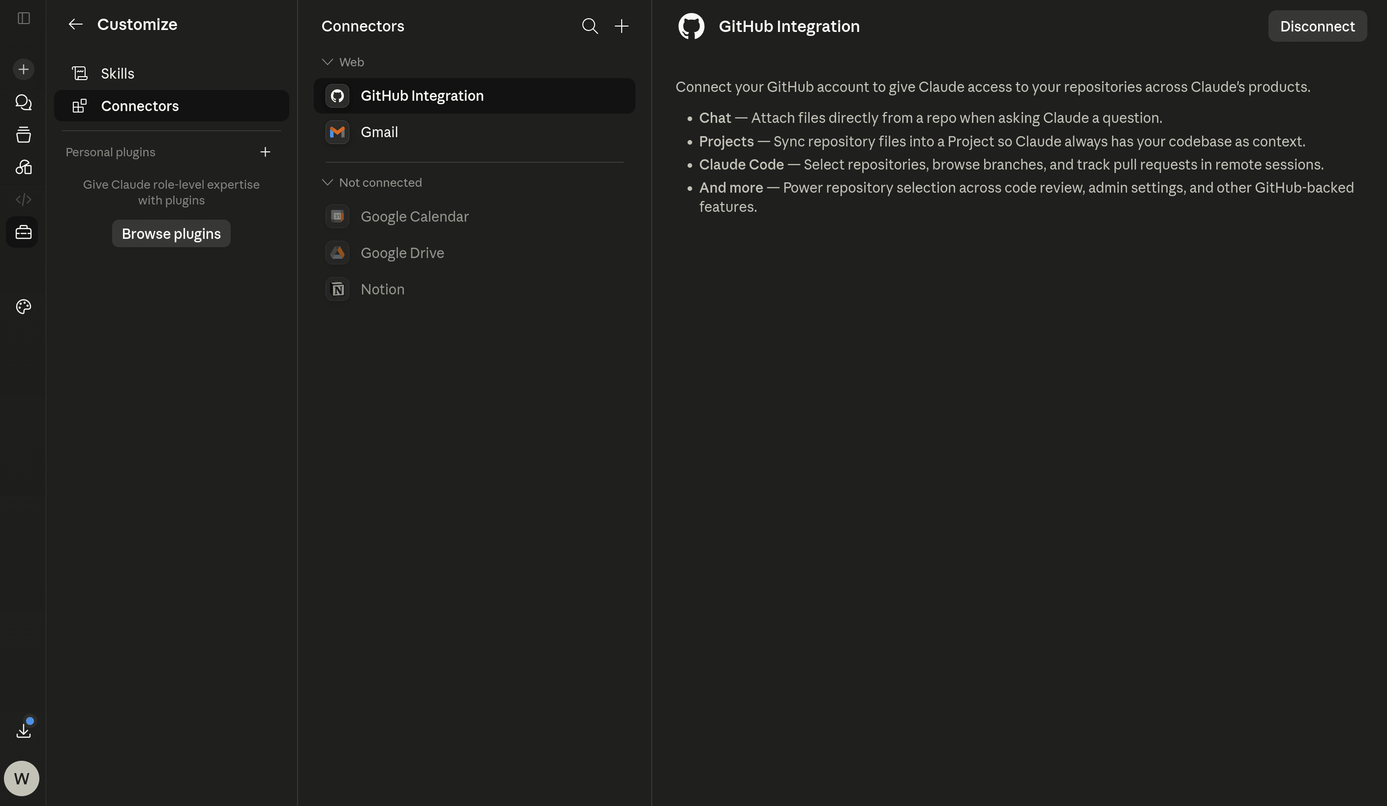 Claude Customize page with Connectors selected from the left menu.