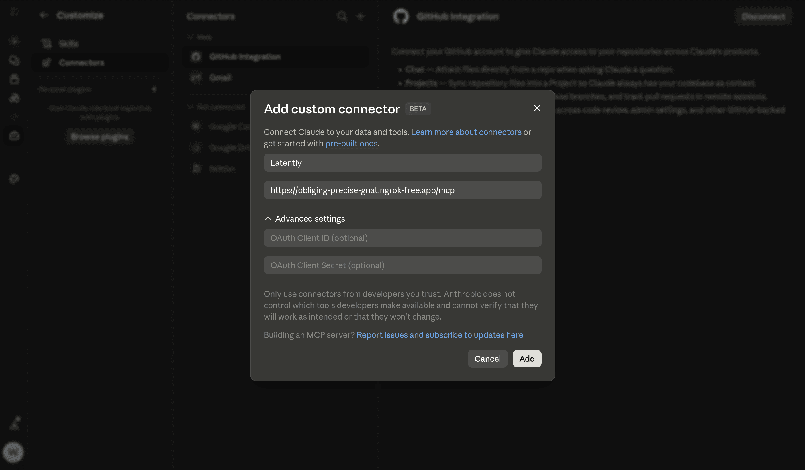 Claude custom connector form with name and remote MCP server URL fields.